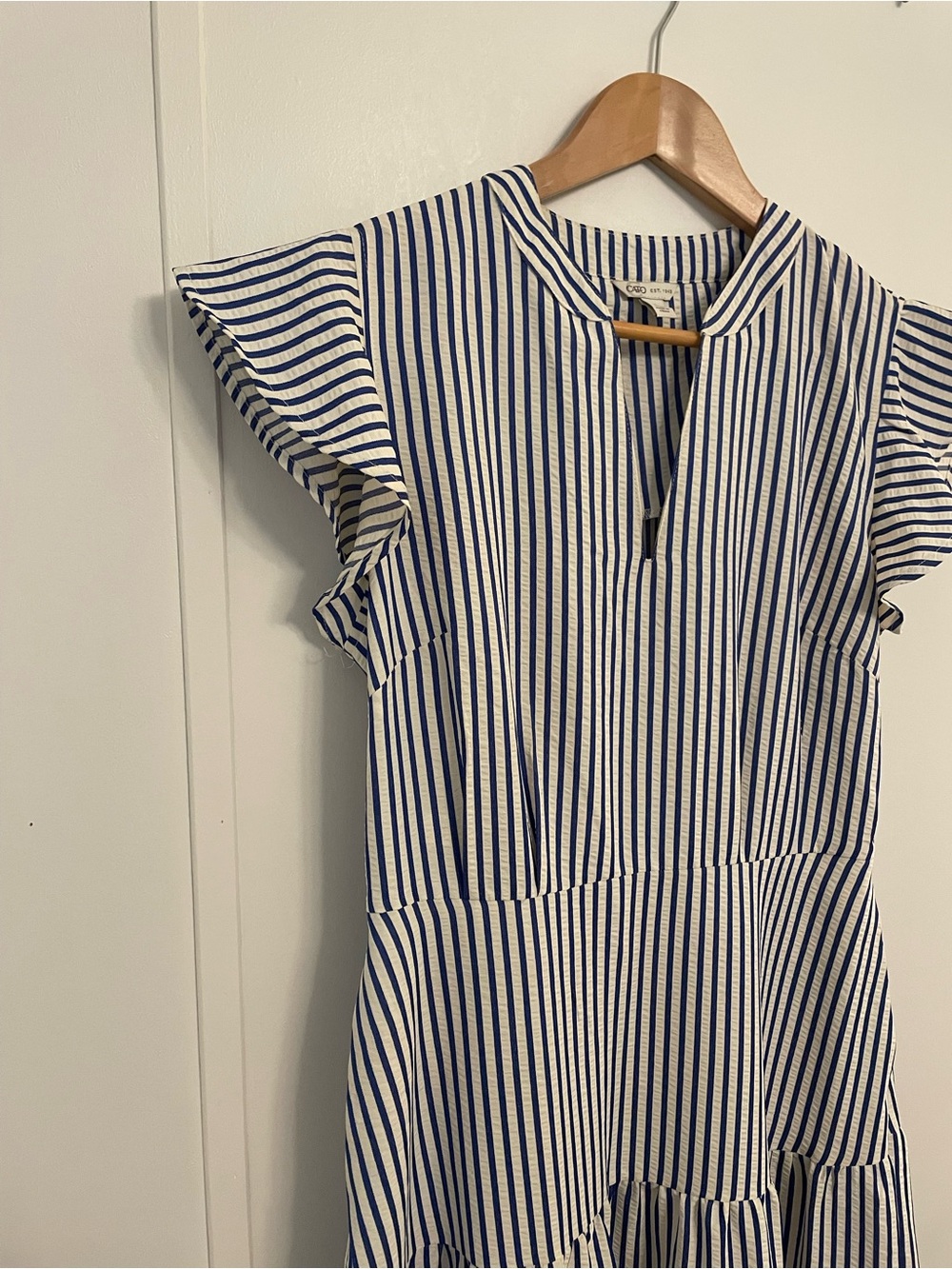 Cato Blue and White Striped Tiered Midi Dress V-Neck Size S nautical resortwear - Picture 3 of 9